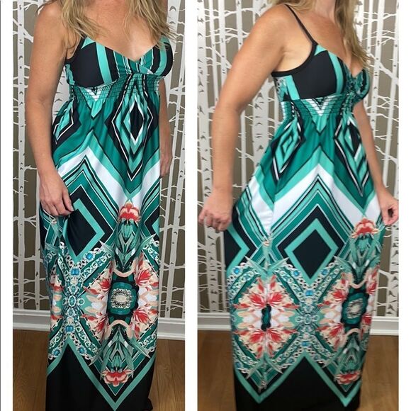 Geometric Tropical Floral Print Maxi Dress sz S - Picture 2 of 16